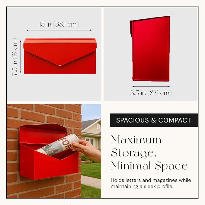 NACH Red Envelope Wall Mount Mailbox, Rust Resistant Metal Mailbox, Red Mailbox Wall Mount, Mailboxes for Outside Wall Mount, Outdoor Mailboxes, Wall Mailbox, 14.1 x 3.5 x 6 Inches, MB-6915RED