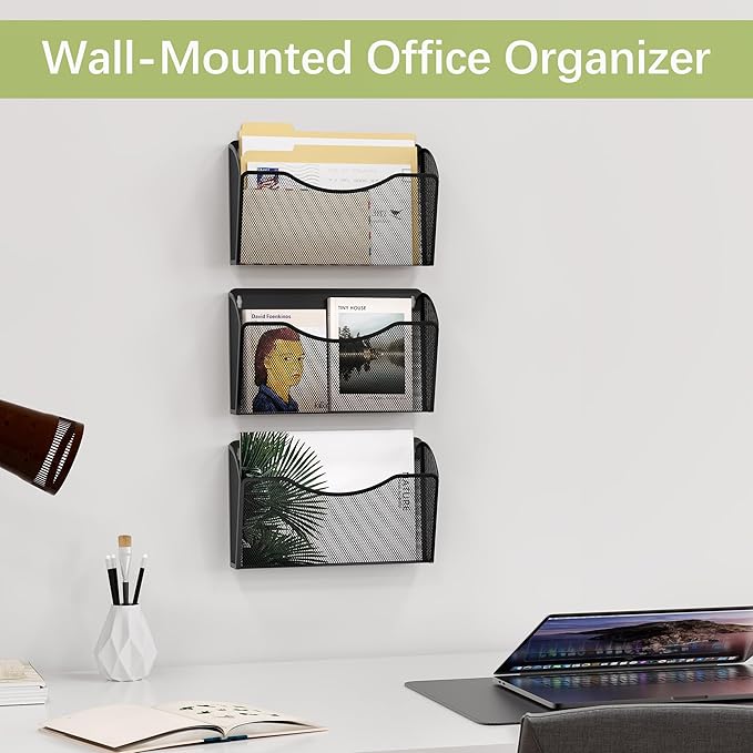 EasyPAG 3 Single Pocket Wall File Organizer, Mesh Hanging File Folder Organizer for Letter/A4 Size Folders, Wall Mounted Vertical Mail Holder for Paperwork, Office, Home, School, Black