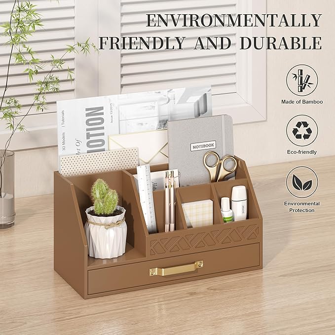 Wisuce Essentials Bamboo Desk Organizer with Drawers, Mail Organizer Countertop Wood Desk Drawer Tabletop Storage Organization Pen Holder Letter Sorter Makeup Organizer for School Home Office (Brown)