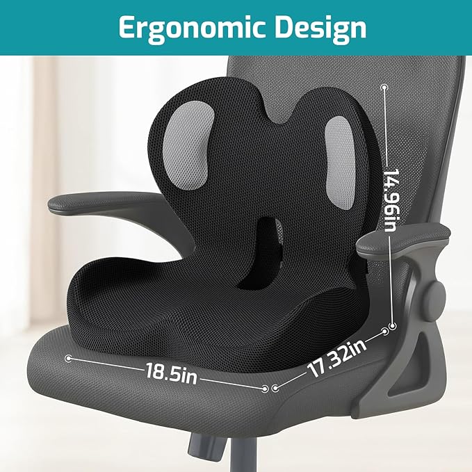 Memory Foam Seat Cushion,Office Chair Cushion with Lumbar Support,L-Shape Ergonomic Cushions with Strap,Non-Slip Sciatica,Hemorrhoids, Tailbone Pain Relief for Office Workers,Driver(Black+Mesh cloth)
