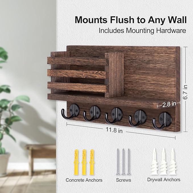 Lwenki Key Holder for Wall – Decorative Wooden Mail Holder and Key Shelf with Mounting Hardware, Installation Guide – Paulownia Wood with 5 Metal Key Hooks (11.8” x 6.7” x 2.8”)