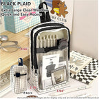 UINSUE Cute Pen case Adorable Bunny Transparent 3-Layer Large Capacity Pencil Case Gadget organizer with Lovely Stickers (Black Plaid)