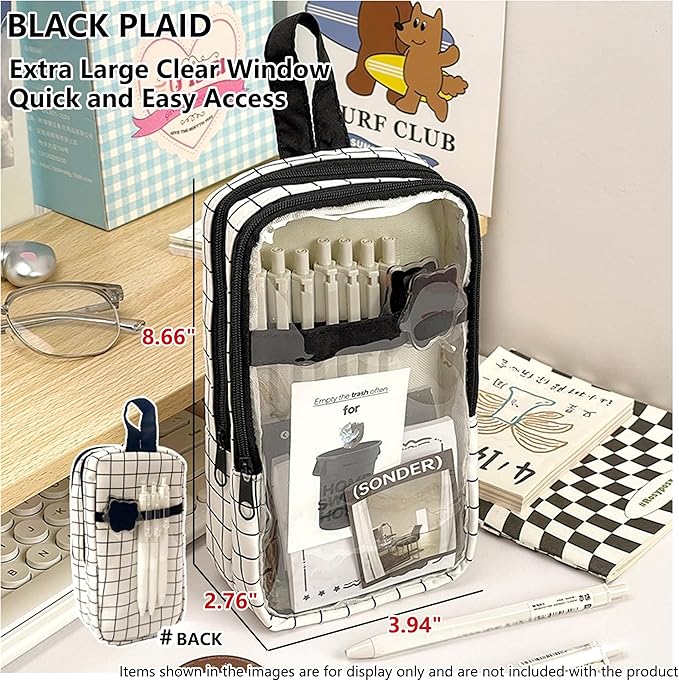 UINSUE Cute Pen case Adorable Bunny Transparent 3-Layer Large Capacity Pencil Case Gadget organizer with Lovely Stickers (Black Plaid)