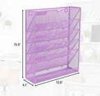EASEPRES 6 Tier Mesh Hanging Wall File Organizer, Desk Vertical Mail Paper Document Folder Holder Rack with Bottom Tray and Nametag Label for Office Home School, Light Purple