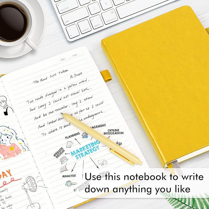 feela 18 Pack Journal Notebook for Work, Business Notebook Bulk Hardcover Lined Writing Journal with Pen Holder for Men Women Note Taking, with 18 Black Pens, 120 GSM, 5.1”x8.3”, A5, Yellow