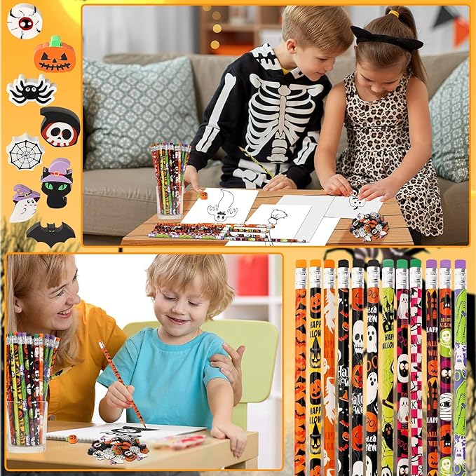 JULMELON 72PCS Halloween Party Favors Set,36PCS Halloween Pencils with 36PCS Ghost Pumpkin Skeleton Bat Spider Erasers, Wooden Pencils for School Classroom Office Party Reward Supplies