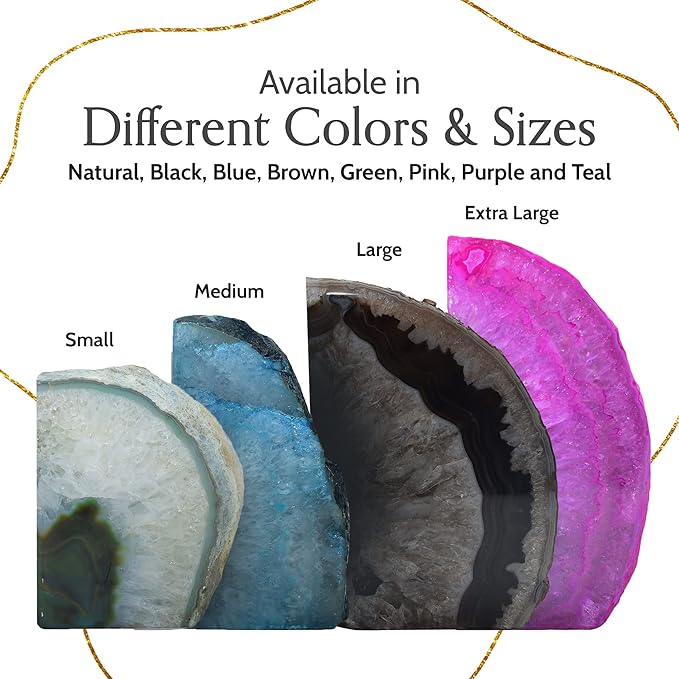 Nature's Decorations A Quality Black Agate Geode Bookends - Heavy Duty with Non-Skid Rubber Bumpers for Shelves, Office, Home Decor - Cool Crystal Stone (1 Pair 4-6 LB)