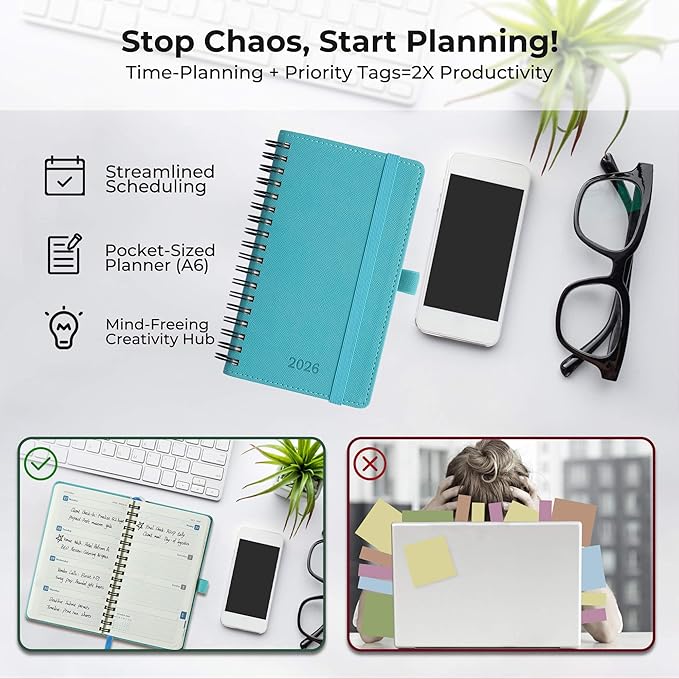 IN-LUXPRO Planner 2026 Daily Weekly and Monthly,6.5"x3.75",12 Months Spiral Bound Calendar Agenda with Self-adhesive Pen Holder,2026 Appointment Book with Vegan Leather Soft Cover,Light Blue
