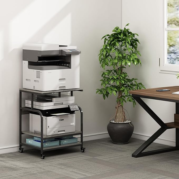 Fannova Large Printer Stand Table 23.6 x18.9 x 30 Inches with Height Adjustable Storage Shelf, 3 Tier Rolling Printer Cart with Wheels for Home Office, Gray