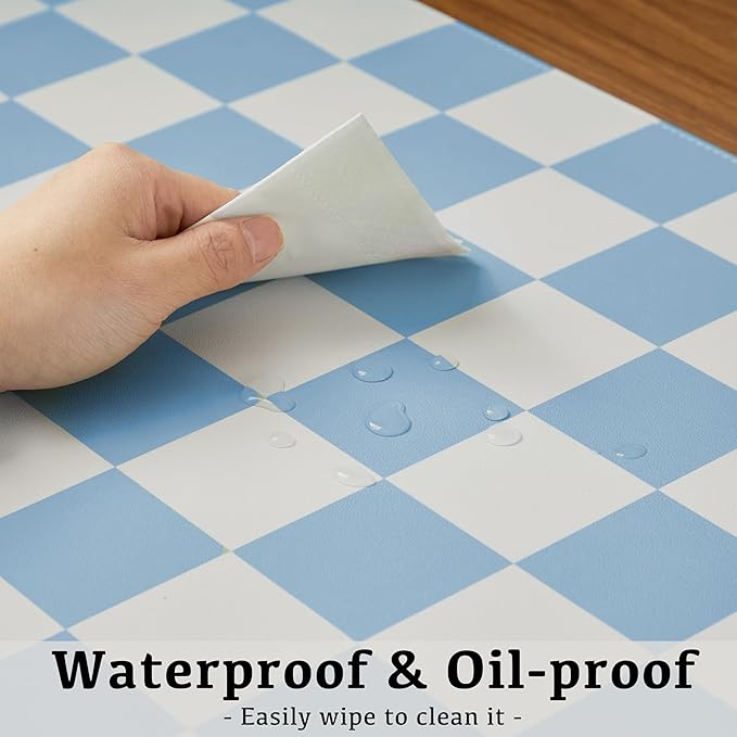 Ohocut Checkered Desk Mat, Large Cute Aesthetic Retro PU Leather Computer Laptop Desk Mat, Non-Slip Waterproof Mouse Keyboard Pad, Desk Writing Mat for Work/Home (Blue, 23.6" x 13.7")