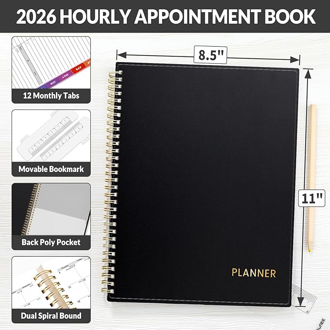 SUNEE 2026 Appointment Book, 2026 Hourly Planner 8.5" x 11", Hourly, Weekly & Monthly Planner - from January 2026 - December 2026, Flexible Cover, Note Page, Pocket, Bookmark, Black