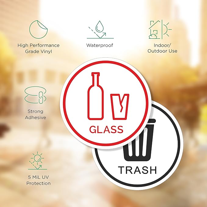 6 Pack 6" Glass, Paper, Plastic, Metal, Trash, Recycle Sign Stickers - Self-Adhesive Vinyl Decal Recycle Logos - Eco-Friendly Trash Can Signs - 6" - Indoor & Outdoor Use - Waterproof & UV Protected