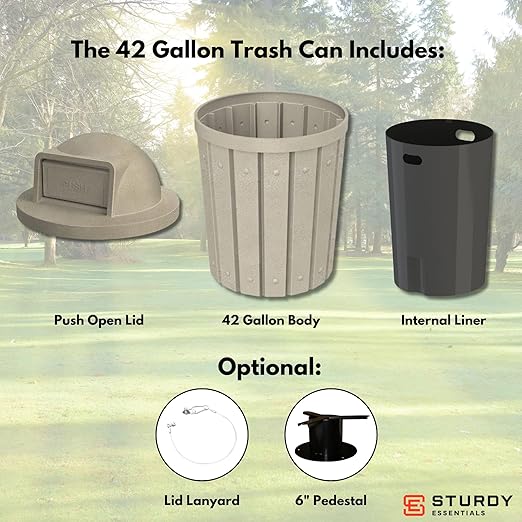 Campus Collection 42 Gallon Slatted Circle 100% Recycled Plastic Commercial Outdoor or Indoor Trash Can with Push Open Dome Lid and Internal Liner | Great for Schools and Businesses - Beige Granite