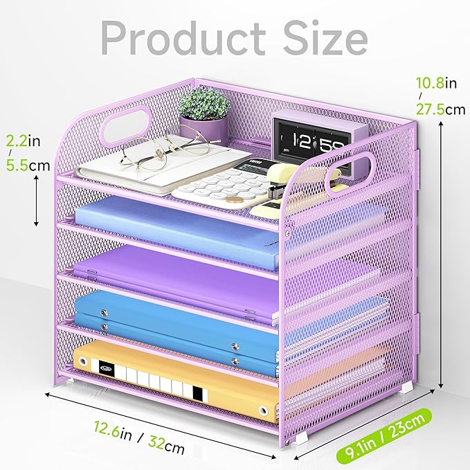 Cawukege 5 Tier Paper Organizer with Handle, Metal Mesh Desk Organizer File Folder Paper Letter Tray Desktop Document Sorter for Classroom, School, Office Accessories Organization and Storage - Purple