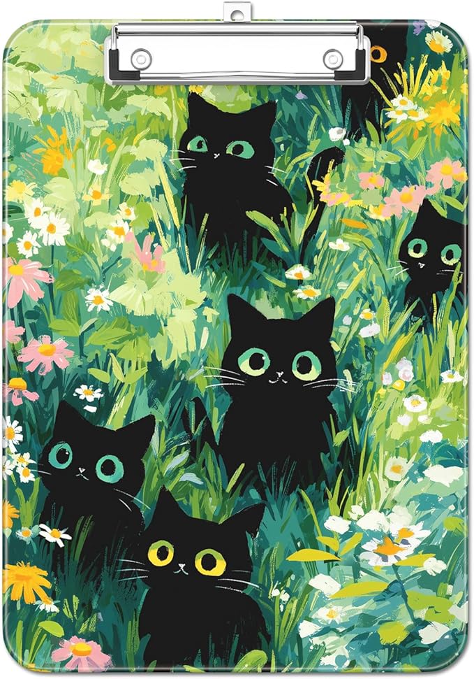 Luminzo Plastic Cute Clipboard Low-Profile Metal Clip, A4 Letter Size 9 x 12.5 in, 8.5 x 11 Paper Clip Board for Teachers, Nurses, Classroom,Cute Black Cats