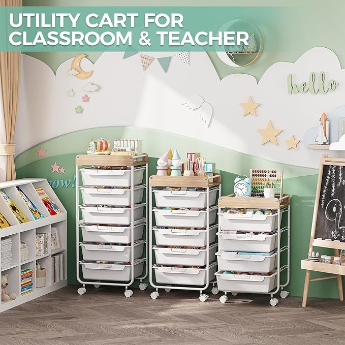 Rolling Storage Utility Cart With 4 Drawers,Kids Craft Art Cart,Makeup Organizer And Storage with Wooden Tabletop,White