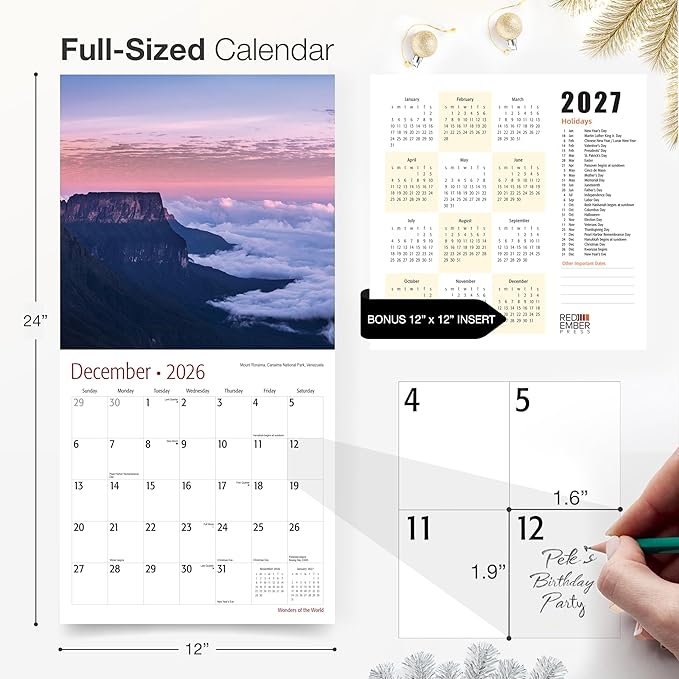 RED EMBER Wonders of the World 2026 Wall Calendar 12 Months | 12" x 24" Open | Thick & Sturdy Paper | Holiday Gift | Nature Calendar 2026