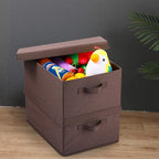 HOONEX Linen Foldable Storage Bins with Lids, 2 Pack, Storage Boxes with Carrying Handles and Sturdy Heavy Cardboard, 16.5" L x 11.8" W x 7.5" H for Shoes, Clothes, Brown