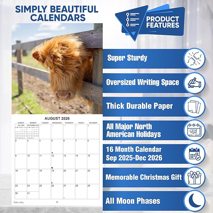 2026 Highland Cows Monthly Wall Calendar | Cute Animals Calendar 2025-2026