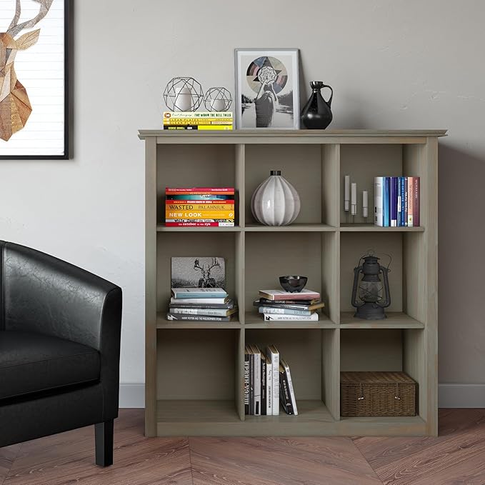 SIMPLIHOME Artisan Bookcase - 43 inch Tall 9-Cube Solid Wood Cube Organizer in Distressed Grey, Transitional Storage Bookcase for Living Room, Study Room or Office with Fixed Shelves and Tapered Legs