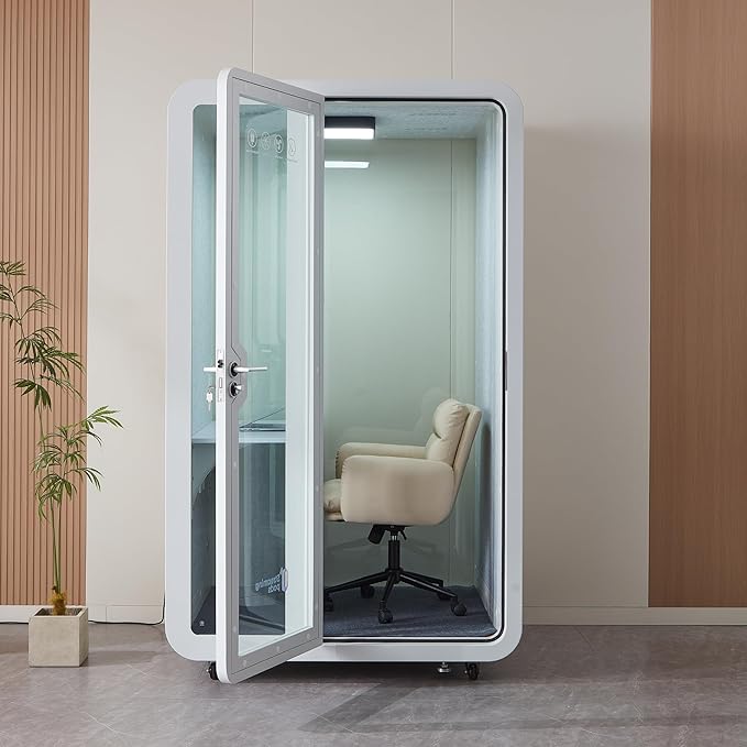 GEARONIC Mobile Office Pod Booth, Sound Proof Booth for Home, Mobile Roller with Desk, LED Light, Fans and AC USB Ports (White)