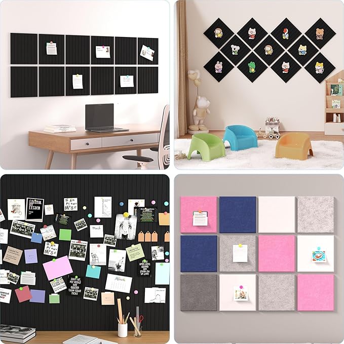 Baysola Large Cork Boards for Walls – 48 x 36 Self Adhesive Felt Wall Tiles, Ideal for Office Black Bulletin Board, Easy to Install Pin Board Photo Board Dart Board Wall Protectors