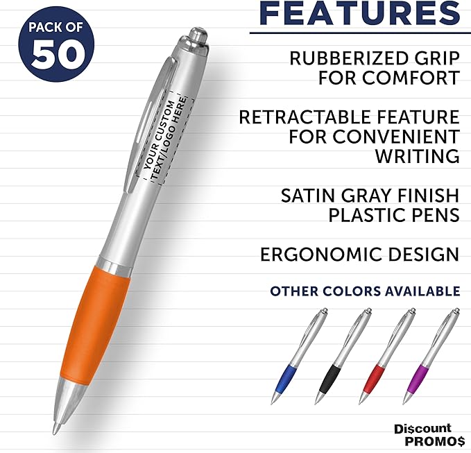 DISCOUNT PROMOS Ballpoint Pens With Rubber Grip, 50 pack, Custom Promotional Text, Logo with Name, Black Ink Writing Pens in Bulk, Orange