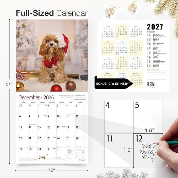 RED EMBER Cockapoos 2026 Wall Calendar 12 Month | 12" x 24" Open | Thick & Sturdy Paper | Holiday Gift | Cute Puppy Dog Calendar 2026