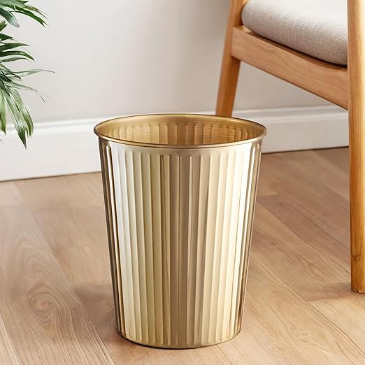 Monarch Abode Metal Bathroom Trash Can – Waste Basket for Bedroom, Office Desk, & Dorm, Handcrafted Ridge Embossed, Durable Decorative Brushed Gold Small Trash Can Bathroom Garbage Bin Wastebasket