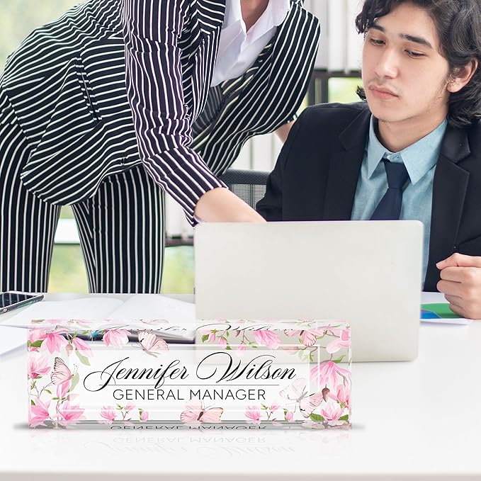 AZUFEMOS Personalized Acrylic Desk Name Plate - Custom Employee Appreciation Gifts - Office Gifts for Women, Men, Boss, Coworkers, Teacher, Nurse (Pink Flower Butterfly)