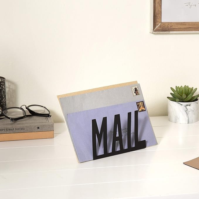 MyGift Mail Holder Organizer Countertop Modern Metal Black with Cutout MAIL Lettering Design, Office Desktop Envelope and Document Storage Rack