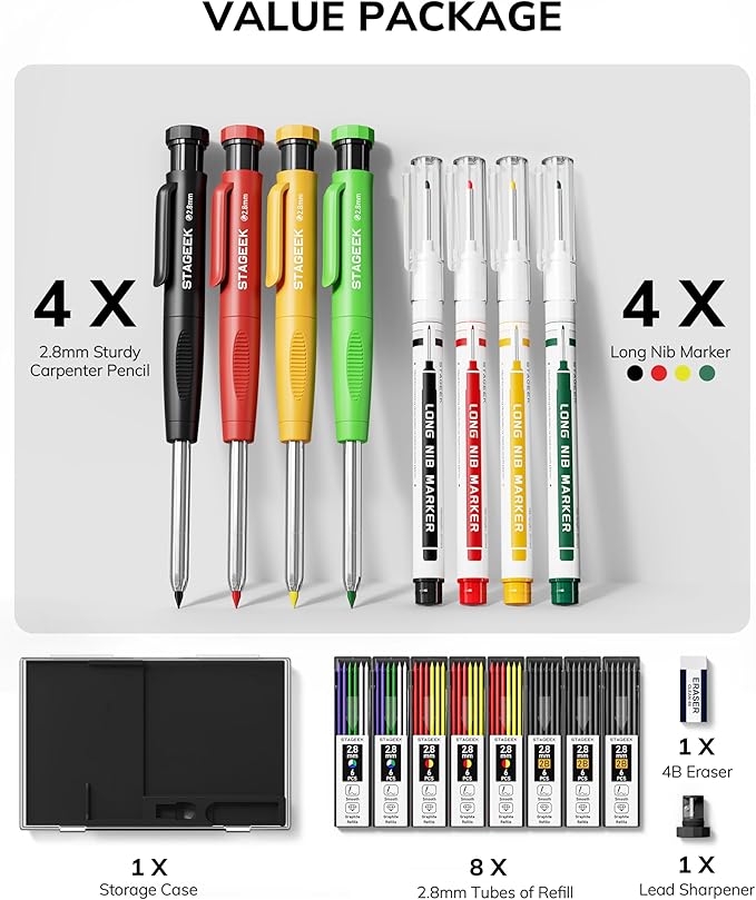 STAGEEK 4PCS Carpenter Pencils with Sharpener, Heavy Duty Woodworking Pencils, Mechanical Carpenter Pencil with 52 Refills, Deep Hole Long Nib Marker Pens for Architect Construction Marking with Case