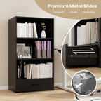 LOKO 4-Tier Bookcase with Storage Drawer, Modern Organizer Display Storage Shelves with Anti-toppling Device, Freestanding Bookshelf with 3 Open Shelves & 1 Drawer, Living Room, Study, Office (Black)