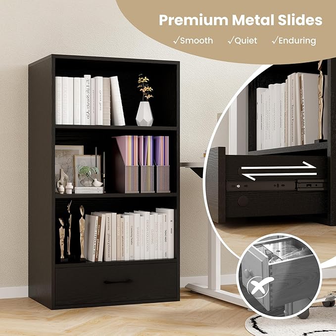 Tangkula 3 Tier Bookcase with Drawer, 42.5”Tall Freestanding Bookshelf with 3 Open Shelves & 1 Drawer, Anti-toppling Devices, Modern Display Storage Organizer for Home Office (Black, 42.5" H)
