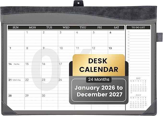 Yoment Desk Calendar 2026, Jan 2026-Dec 2027, 2026 Desk Calendar Large 17 x 12, 2026 Calendar with Plastic Cover, Pockets, to-Do Lists, Desktop Wall Calendar 2026-2027 for Office School Home, Gray
