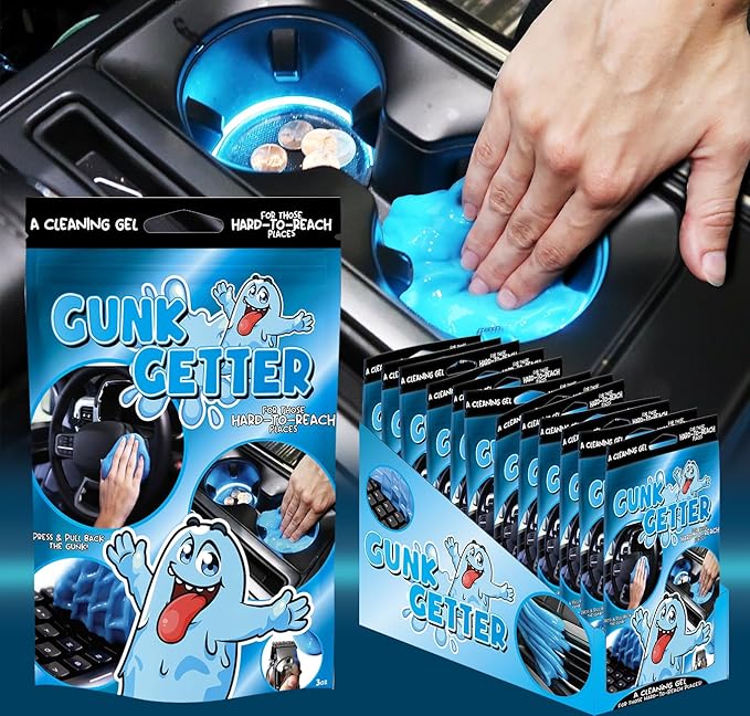 Gunk Getter, Cleaning Gel for Those Hard to Reach Places, Automotive Cup Holder Electronic Keyboard Office, Slime Gel Cleaner Dust Crumb Removal (Resealable Pouch, Blue, 3oz) 12 Pack