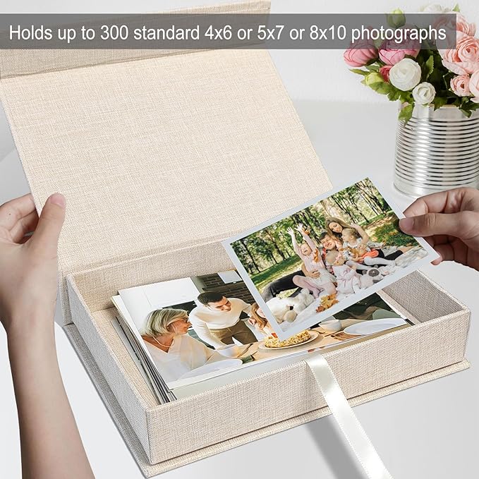 Sprsthai 8x10 Archival Photo Storage Box with Lid – Stackable Memory Keepsake Organizer for Photos, Certificates, Jewelry & Scrapbooking Supplies Beige