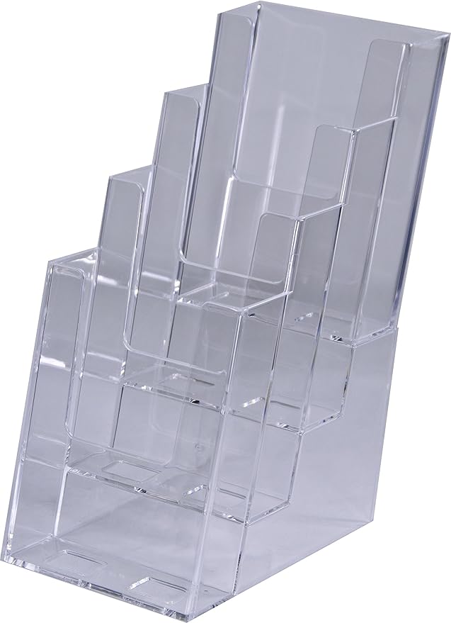 Clear-Ad - LHF-S104 - Acrylic Slant Back 4 Tier Trifold Brochure Display - Plastic Literature Holder for Flyers, Booklets, Bills, Mail, Letters, Cards, Pamphlets, Maps (Pack of 2)