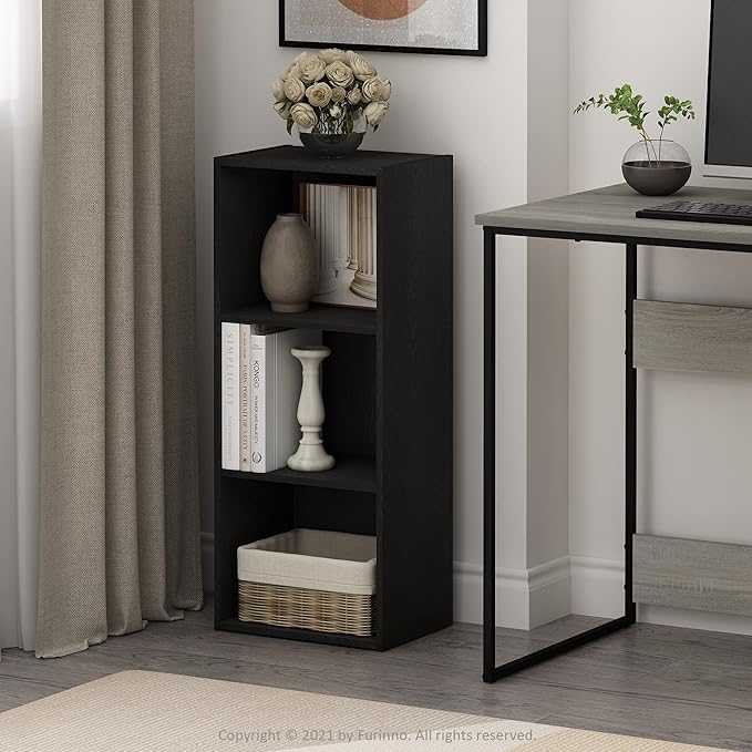 Furinno LUDER Book Shelf, 3-Cube Bookshelf, Bookcase with Open Shelves, 9.3 x 12 x 31.5, for Living Room, Bedroom, Home Office, Blackwood