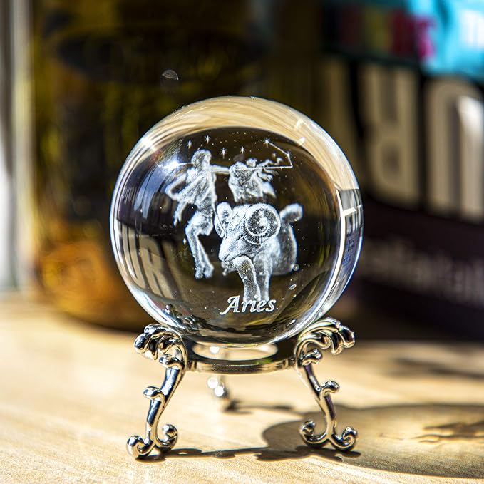 3D Laser Constellation Ball Crystal Paperweight Full Sphere Glass Fengshui with Sliver-Plated Flowering Stand(Aries)