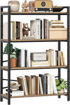 4 Tier Bookshelf 31.49" Width, Tall Book Shelf Storage and Organization, Wooden and Metal Industrial Bookcase, Large Book Shelves for Home Living Room Bedroom Office Storage(Light Coffee)