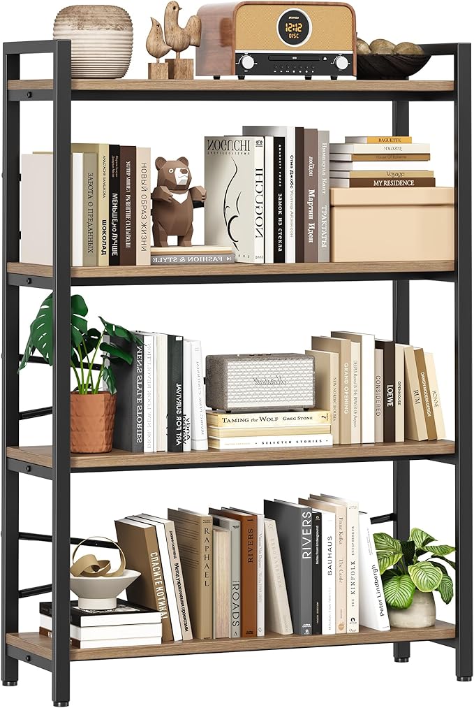 4 Tier Bookshelf 31.49" Width, Tall Book Shelf Storage and Organization, Wooden and Metal Industrial Bookcase, Large Book Shelves for Home Living Room Bedroom Office Storage(Light Coffee)