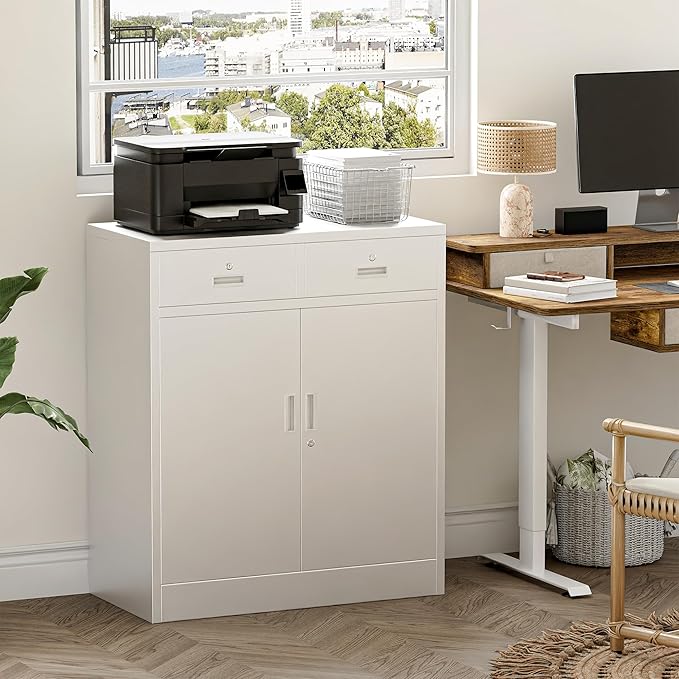 TaskStorz Metal Storage Cabinet with 2 Drawers 36" H,White Metal Garage Cabinets with 2 Lockable Doors and Adjustable Shelves Easy to Assemble for Home Office, Kitchen,Pantry,Garage,Warehouse