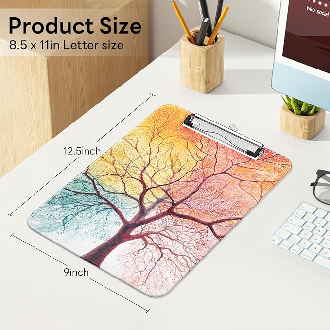 Luminzo Plastic Cute Clipboard Low-Profile Metal Clip, A4 Letter Size 9 x 12.5 in, 8.5 x 11 Paper Clip Board for Teachers, Nurses, Classroom,Sunset Tree