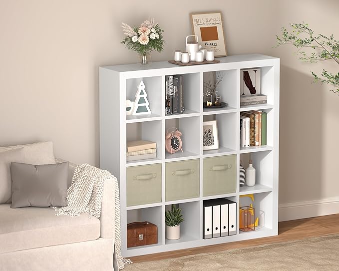 furtble Bookshelf with Storage Bins, 16-Cube Storage Organizer with Back Panels, Modern Wood Open Bookcase, Multifunctional Display Shelf for Living Room, Bedroom, Home Office, White