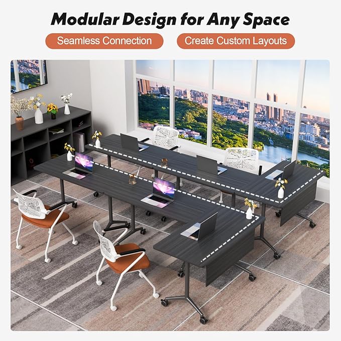 Goakwwuz Conference Room Table, Folding Conference Tables,Thicken Grey Tabletop,Flip Top Wooden Seminar Meeting Room Table for Conference Room Offices (2, BlackWoodGrain, 47.2“)