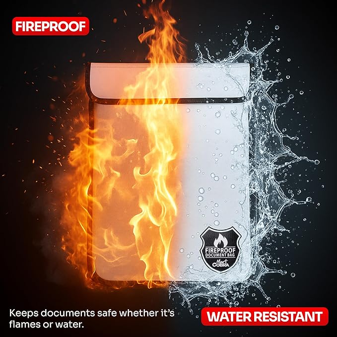 Mart Cobra Fireproof Document Bag with Zipper Fire and Waterproof Document Storage Fireproof Money Bag Cash Fire Proof for Important Home Documents Safe Accessories Paper Holder Pouch Envelope Travel
