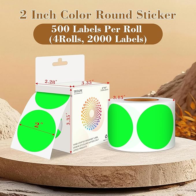 2 Inch Color Coding Round Labels (2000Pcs, 4 Rolls) - Round Colored Dot Stickers for Inventory, Pantry, Warehouse Organization - Fluorescent Green Circle Dot Labels