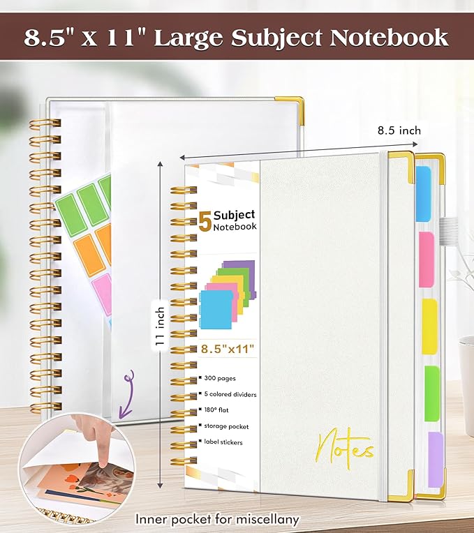 Spiral Notebook Journal with Removable Dividers Tabs, 300 Pages Hardcover Leather 5 Subject College Ruled Notebook, 8.5"x11" Large A4 Lined Journal for Women Men, Spiral Notebook for Work School,Beige