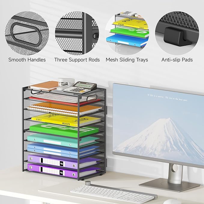 Cawukege 9 Tier Paper Organizer with Handle, Large Capacity Desk Organizer Mesh Paper Letter Tray File Folder Document Sorter for Classroom and Office Accessories Organization- Grey (2 Pack)